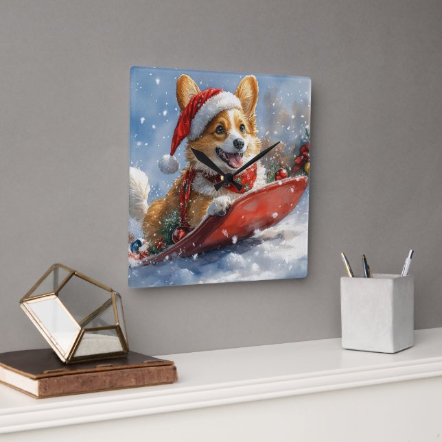 Corgi Dog in Sledge Let it Snow Christmas Square Wall Clock (Office)