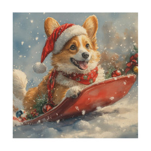 Corgi Dog in Sledge Let it Snow Christmas Wood Wall Art