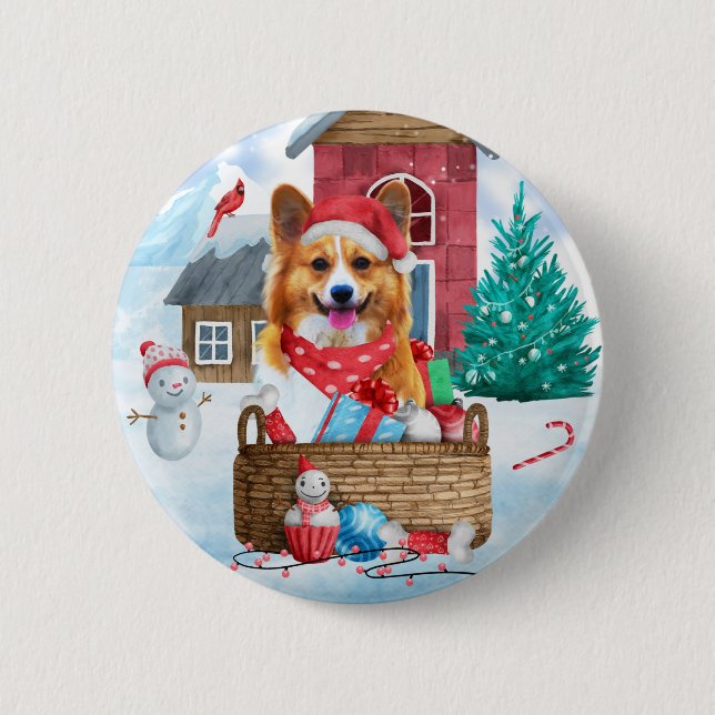 Corgi Dog In snow Christmas Dog House  Button (Front)