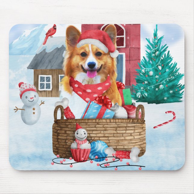 Corgi Dog In snow Christmas Dog House Mouse Pad (Front)