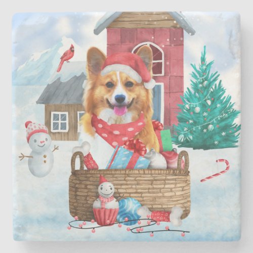 Corgi Dog In snow Christmas Dog House  Stone Coaster