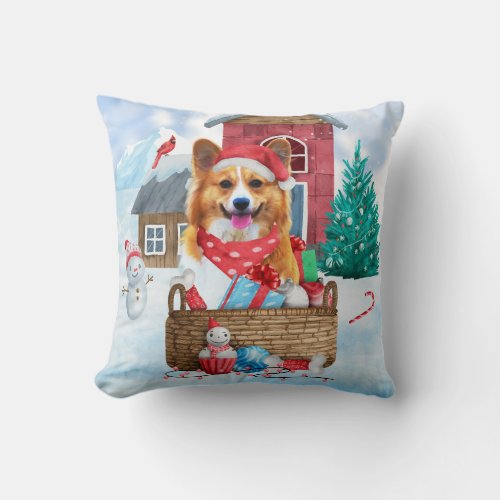 Corgi Dog In snow Christmas Dog House Throw Pillow