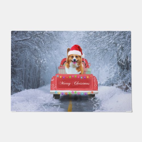 Corgi Dog in Snow sitting in Christmas Truck Doormat