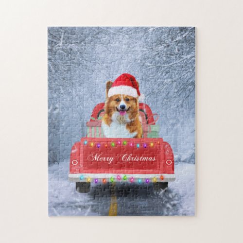  Corgi Dog in Snow sitting in Christmas Truck Jigsaw Puzzle