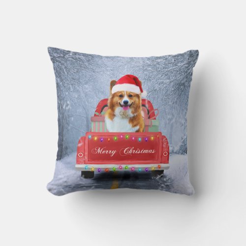 Corgi Dog in Snow sitting in Christmas Truck Throw Pillow