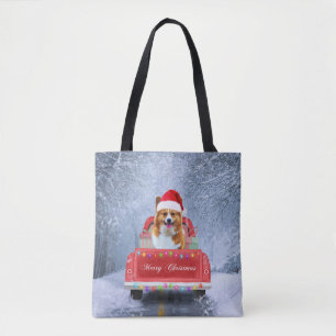 Corgi Dog in Snow sitting in Christmas Truck Tote Bag