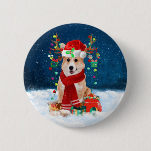 Corgi Dog in Snow with Christmas Gifts Button