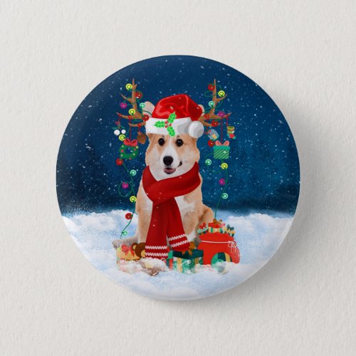 Corgi Dog in Snow with Christmas Gifts  Button