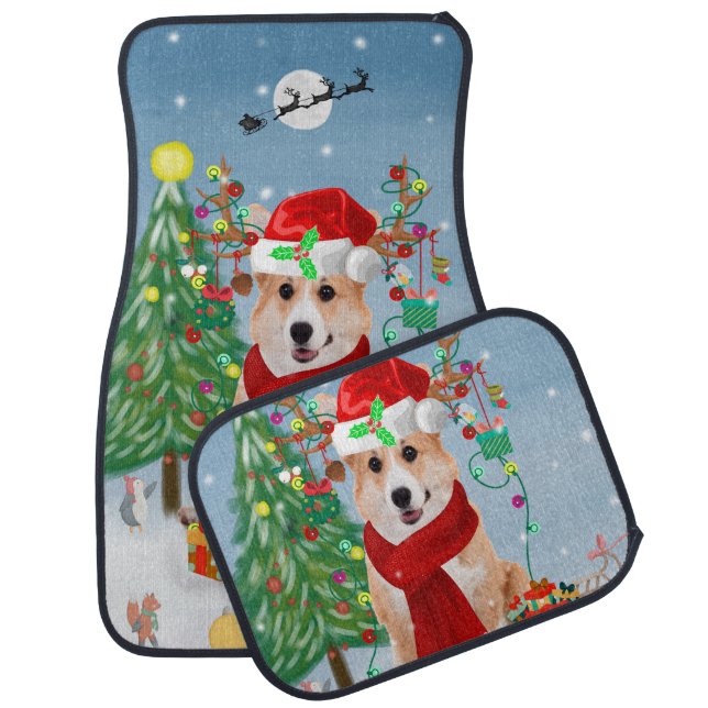 Corgi Dog in Snow with Christmas Gifts   Car Floor Mat (Set)