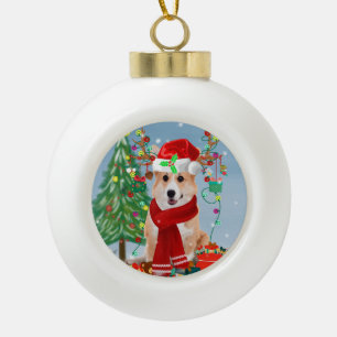 Corgi Dog in Snow with Christmas Gifts   Ceramic Ball Christmas Ornament