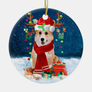 Corgi Dog in Snow with Christmas Gifts Ceramic Ornament