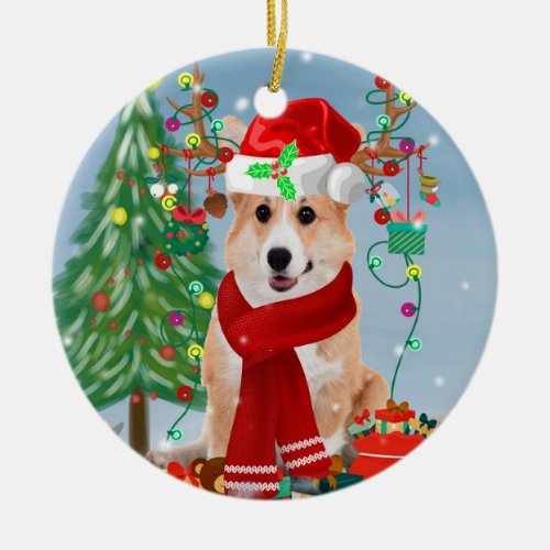 Corgi Dog in Snow with Christmas Gifts   Ceramic Ornament