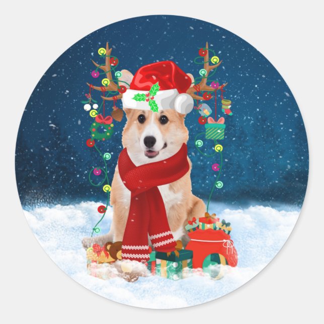 Corgi Dog in Snow with Christmas Gifts  Classic Round Sticker (Front)