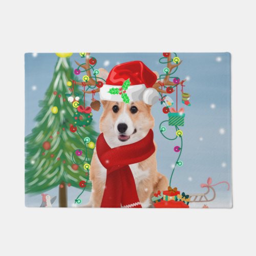 Corgi Dog in Snow with Christmas Gifts   Doormat