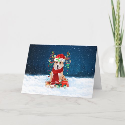 Corgi Dog in Snow with Christmas Gifts  Holiday Card