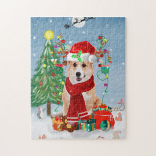 Corgi Dog in Snow with Christmas Gifts Jigsaw Puzzle