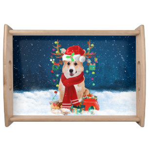 Corgi Dog in Snow with Christmas Gifts Serving Tray