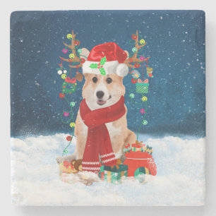 Corgi Dog in Snow with Christmas Gifts Stone Coaster