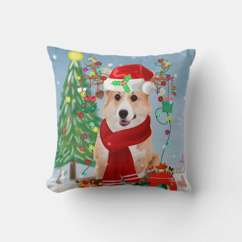 Corgi Dog in Snow with Christmas Gifts  Throw Pillow