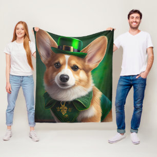 Corgi Dog in St. Patrick's Day Dress Fleece Blanket