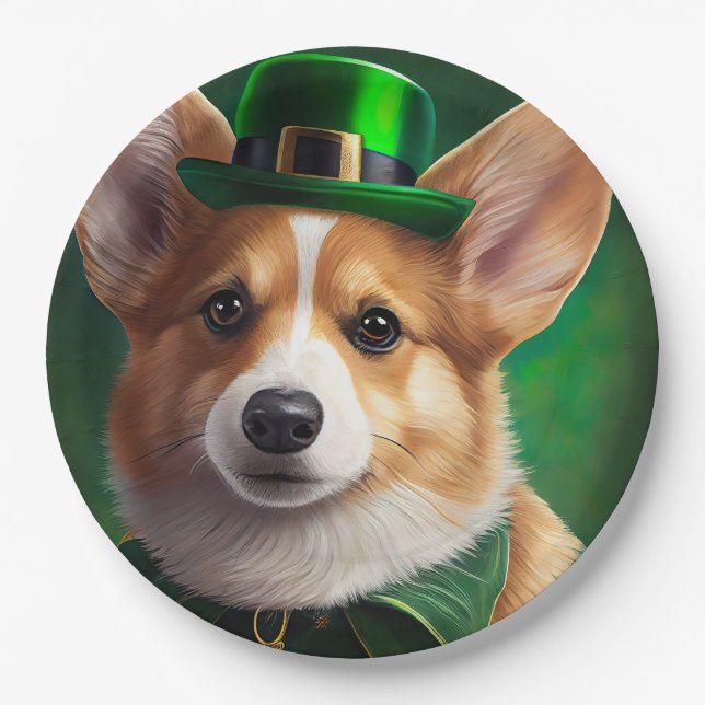 Corgi Dog in St. Patrick's Day Dress Paper Plates (Front)