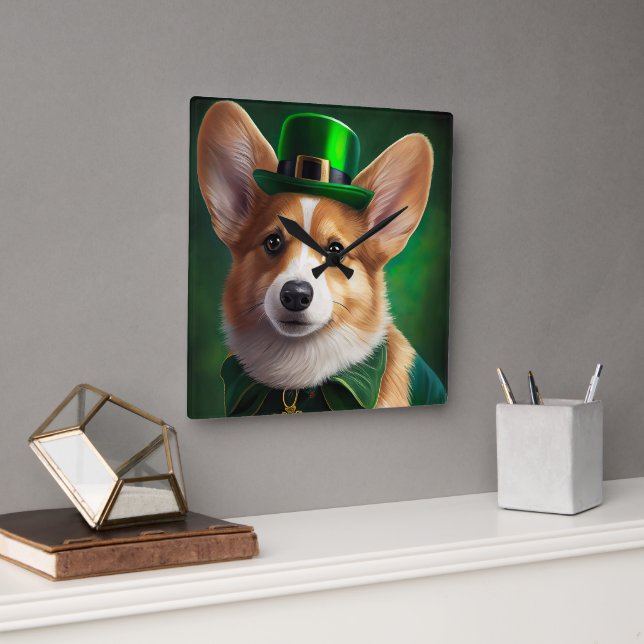 Corgi Dog in St. Patrick's Day Dress Square Wall Clock (Office)