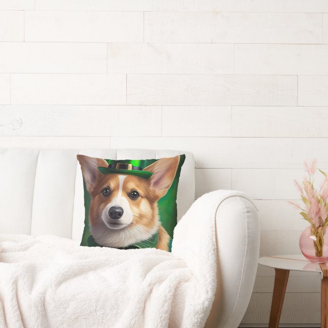 Corgi Dog in St. Patrick's Day Dress Throw Pillow (Couch)