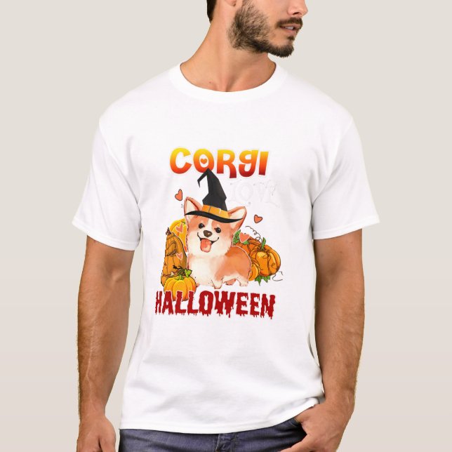 Corgi Dog Love Witch Pumpkin T-Shirt (Front)