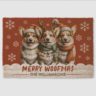 Corgi Dog Lover Christmas Holiday Family Name Red Fiber Doormat
