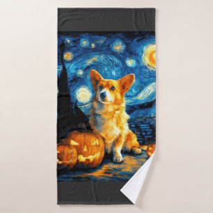 Corgi Dog Lovers Painting of van gogh starry night Bath Towel