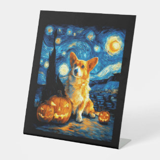 Corgi Dog Lovers Painting of van gogh starry night Pedestal Sign