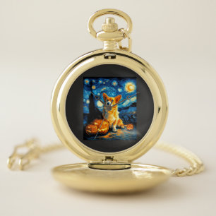 Corgi Dog Lovers Painting of van gogh starry night Pocket Watch