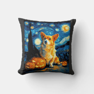 Corgi Dog Lovers Painting of van gogh starry night Throw Pillow