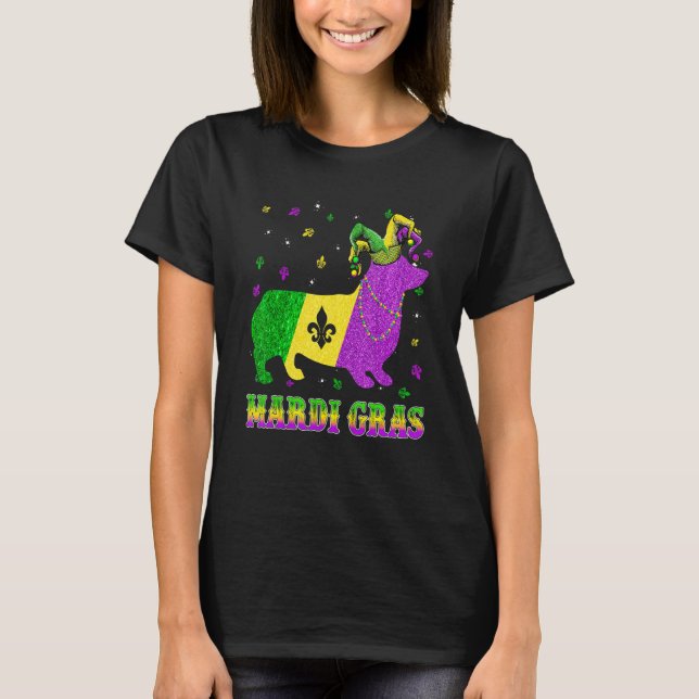 Corgi Dog Mardi Gras Carnival Jester Beads T-Shirt (Front)