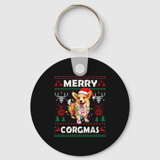 Corgi Dog Merry Corgmas Santa Corgi Ugly Christmas Keychain (Front)