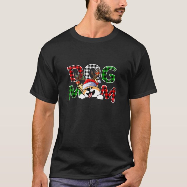 Corgi Dog Mom Buffalo Plaid Xmas Pajama Reindeer H T-Shirt (Front)