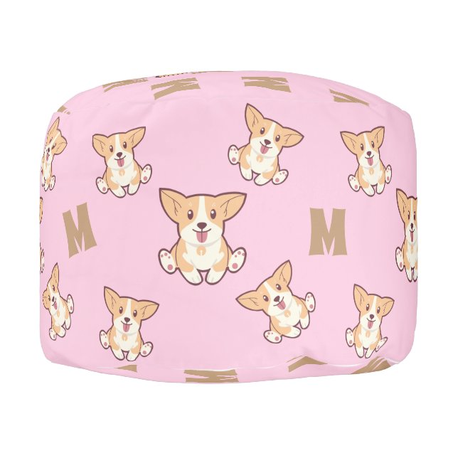 Corgi Dog & Monogram Pattern Pouf (Right)