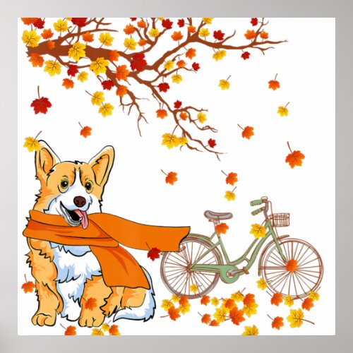 Corgi Dog On Pumpkins Bicycle Autumn Leaf Fall Poster