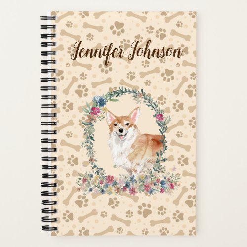 Corgi Dog Paw Print  Floral Cute Notebook