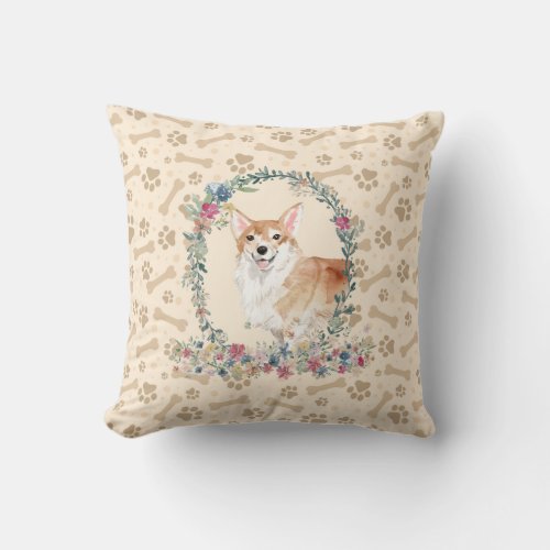 Corgi Dog Paw Print  Floral Cute Throw Pillow