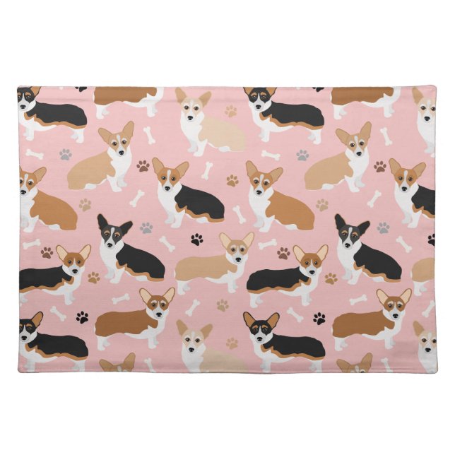 Corgi Dog Paws and Bones Cloth Placemat (Front)
