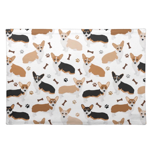 Corgi Dog Paws and Bones Cloth Placemat (Front)