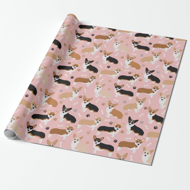 Corgi Dog Paws and Bones Wrapping Paper (Unrolled)