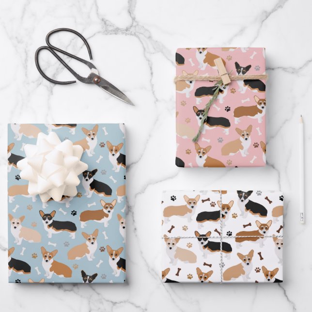 Corgi Dog Paws and Bones Wrapping Paper Sheets (Front)