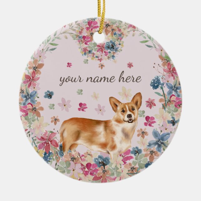 Corgi Dog Puppy flower print Ceramic Ornament (Front)