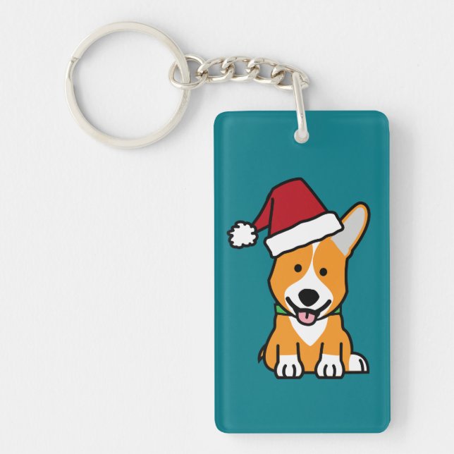 Corgi dog puppy Pembroke Welsh Christmas Santa hat Keychain (Front)