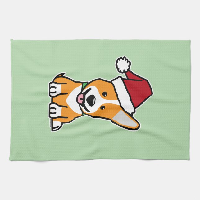 Corgi dog puppy Pembroke Welsh Christmas Santa hat Kitchen Towel (Horizontal)
