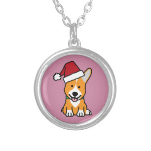 Corgi dog puppy Pembroke Welsh Christmas Santa hat Silver Plated Necklace