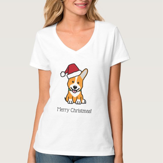Corgi dog puppy Pembroke Welsh Christmas Santa hat T-Shirt (Front)