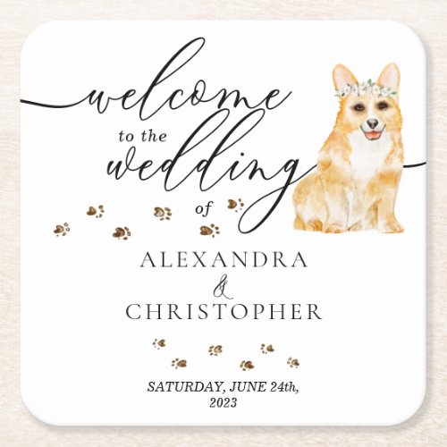 Corgi Dog Puppy Welcome to the wedding Square Paper Coaster